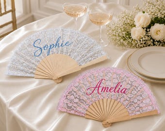 Ventaglio di pizzo personalizzato con nome, bomboniera personalizzata, regalo per la proposta di damigella d'onore, ricordo per addio al nubilato, accessorio per foto di matrimonio, ventaglio di bambù