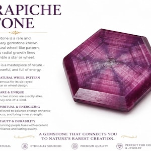 May include: A hexagonal Trapiche stone with a deep purple hue and a distinct six-rayed radial growth pattern. The image includes text describing the stone as a rare gemstone with a natural wheel-like pattern, emphasizing its unique formation.