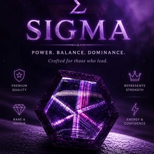 Può includere: Un cristallo esagonale viola con motivi geometrici interni. Il testo recita: SIGMA, POWER. BALANCE. DOMINANCE. Crafted for those who lead. PREMIUM QUALITY, REPRESENTS STRENGTH, RARE & UNIQUE, ENERGY & CONFIDENCE. Icone: scudo, corona, diamante e fulmine.