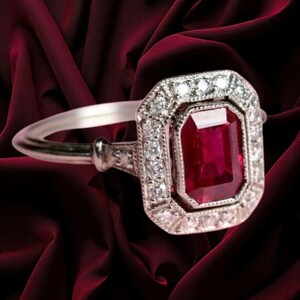 Art Deco Red Ruby Ring, Bezel Emerald Cut Ruby Diamond Engagement Ring, Anniversary Gift For Women,Birthstone Ring ,Gold Wedding Bridal Ring