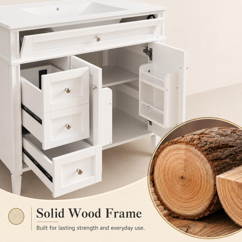 May include: A white bathroom vanity cabinet featuring a top drawer, two pull-out drawers on the left side with silver knobs, and a storage shelf on the right door. The unit includes a solid wood frame as indicated by the circular wood log graphic.