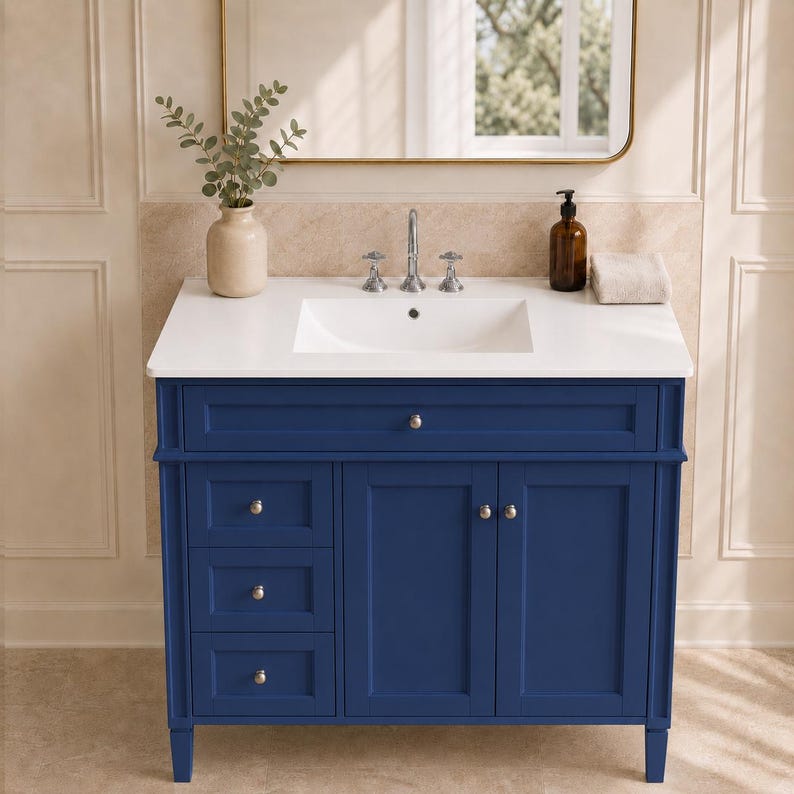May include: A navy blue bathroom vanity featuring a white countertop with an integrated sink, three stacked drawers on the left, and two cabinet doors on the right. The vanity includes silver hardware, a chrome faucet, and a beige vase with greenery.