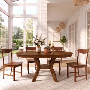 May include: A round wooden dining table with a central pedestal base and four matching wooden chairs. The table surface holds a ceramic vase with white flowers, a small terracotta pot with succulents, and two tall pillar candles on holders.