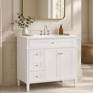 May include: A white bathroom vanity cabinet featuring a rectangular sink, a chrome faucet, and a countertop. The unit includes one top drawer, three smaller side drawers, and two cabinet doors with silver knobs, all supported by four tapered legs.