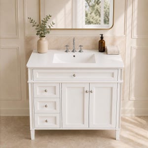 May include: A white bathroom vanity featuring a rectangular sink, a single top drawer, three smaller side drawers, and two cabinet doors with silver knobs. A chrome faucet, a beige vase with green foliage, and a brown soap dispenser sit on top.