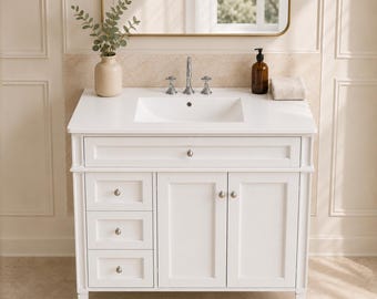 Unique Multi-Functional Solid Wood Construction Bathroom Vanity, Ceramic Countertop with 2 Power Outlets, USB & Type-C Charging Ports