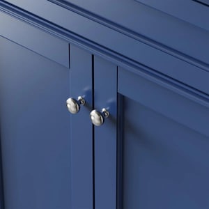 May include: A deep blue cabinet featuring two doors with recessed panels and horizontal molding at the top. Two polished silver, round, mushroom-shaped knobs are attached to the center of the doors, providing a metallic contrast to the blue finish.