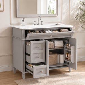 May include: A gray bathroom vanity with a white countertop and sink. The unit features a top tilt-out drawer, three pull-out drawers on the left, and a cabinet on the right with an interior shelf and a door-mounted rack for small bottles.