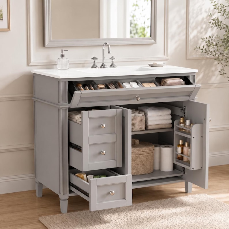 May include: A gray bathroom vanity with a white countertop and sink. The unit features a top tilt-out drawer, three pull-out drawers on the left, and a cabinet on the right with an interior shelf and a door-mounted rack for small bottles.