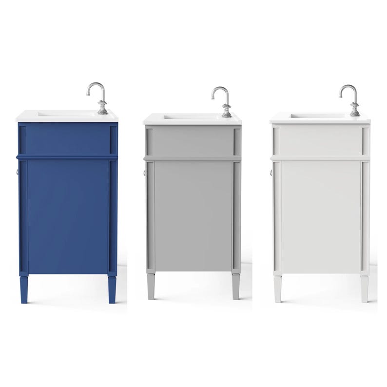 May include: Three bathroom vanity cabinets with white rectangular sinks and silver faucets. The cabinets are identical in design with four tapered legs and a single door, presented in three distinct colors: deep blue, light gray, and white.