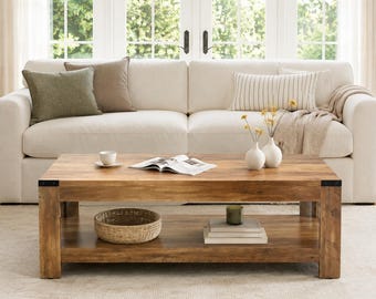 Rustic Coffee Table with Storage Shelf, Rectangular Living Room Table, Modern Wood Look Furniture
