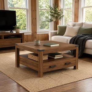 May include: A square wooden coffee table with a dark brown finish, featuring black metal corner accents, a lower storage shelf, and a single drawer with two black handles. The table surface holds a light-colored mug and a closed book.