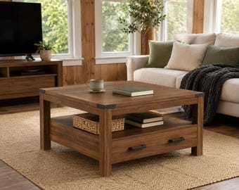 Square Coffee Table with Drawer and Open Shelf, 2-Tier Storage Living Room Center Table with Black Corner Accents