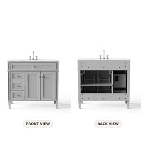 May include: A gray bathroom vanity cabinet featuring a white countertop with a faucet. The front view shows one top drawer, three side drawers, and two cabinet doors with silver knobs. The back view reveals an open frame with internal shelving.