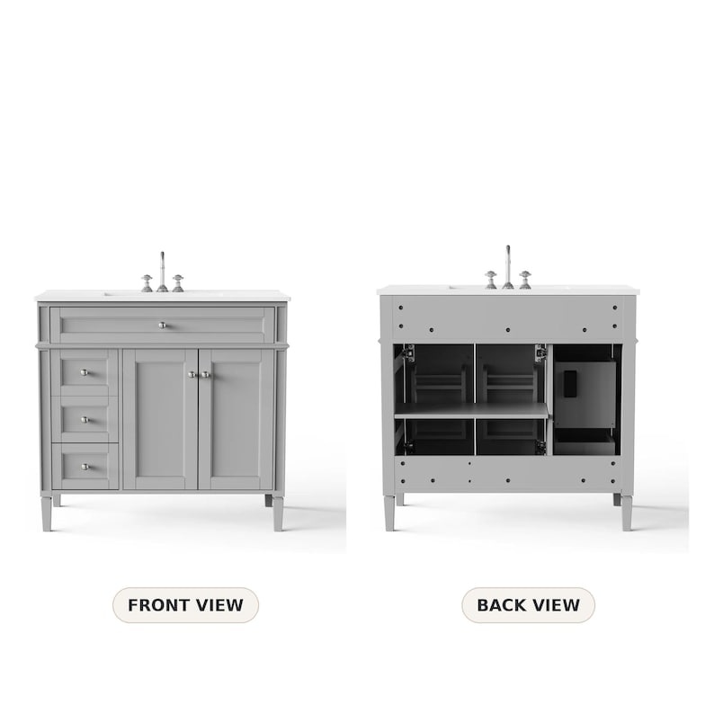 May include: A gray bathroom vanity cabinet featuring a white countertop with a faucet. The front view shows one top drawer, three side drawers, and two cabinet doors with silver knobs. The back view reveals an open frame with internal shelving.