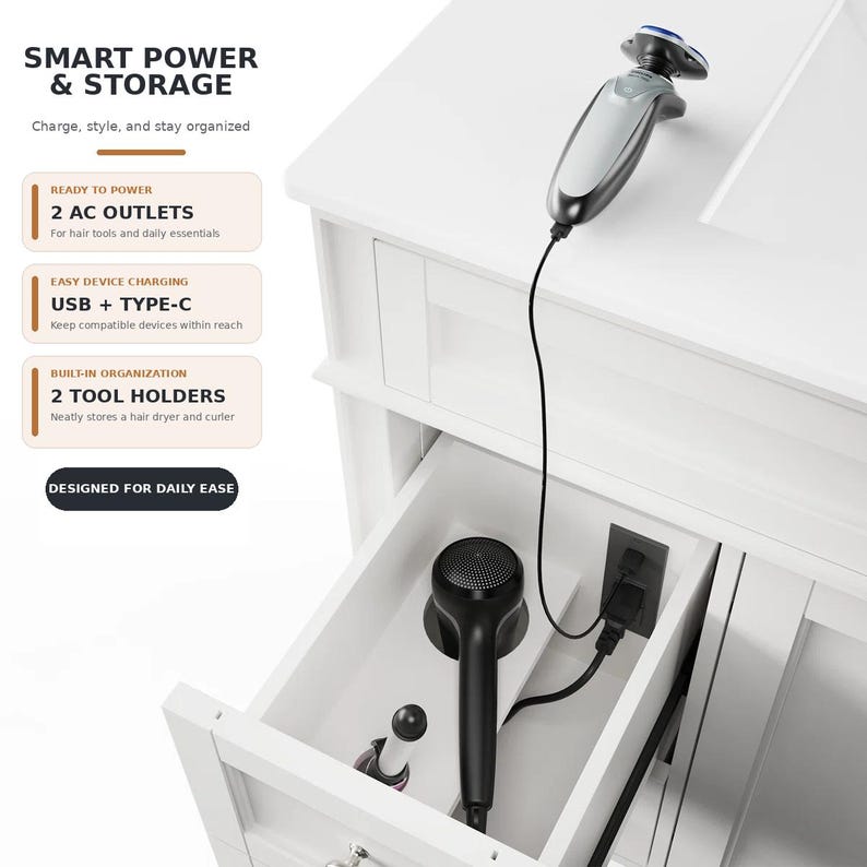 May include: A white bathroom vanity featuring an open drawer with built-in power outlets, including two AC outlets, a USB port, and a Type-C port. The drawer contains a black hair dryer and a curling iron, while an electric shaver rests on top.