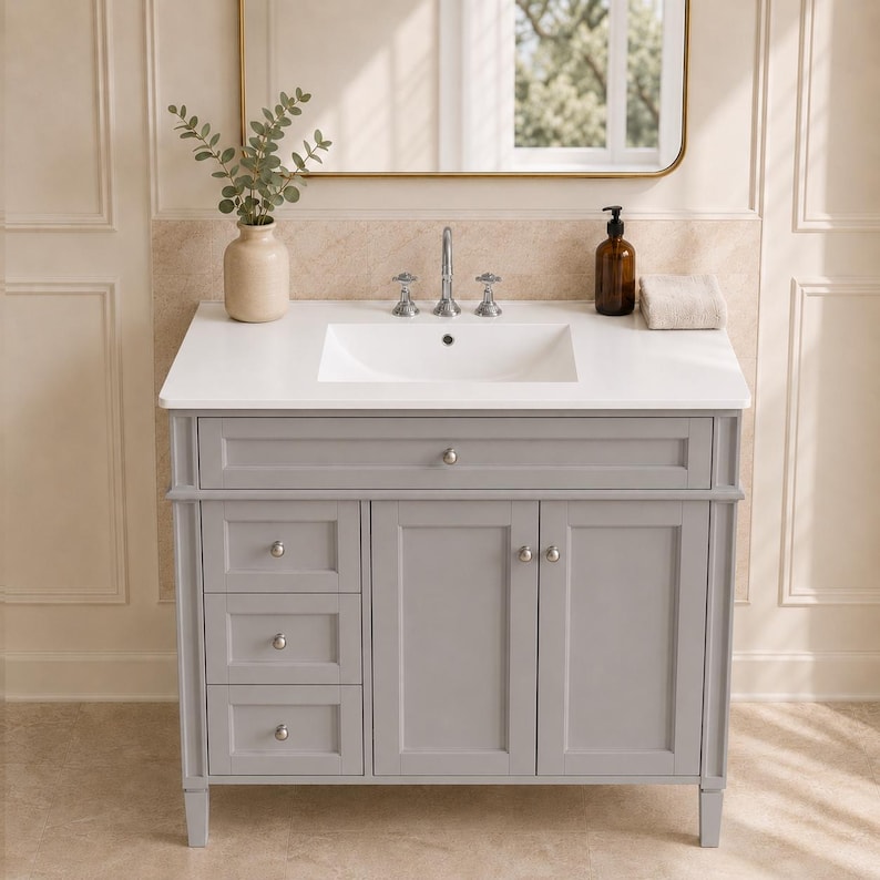 May include: A light gray bathroom vanity featuring a white countertop with an integrated sink, a central faucet, and silver hardware. The unit includes three stacked drawers on the left, a wide top drawer, and two cabinet doors on the right side.