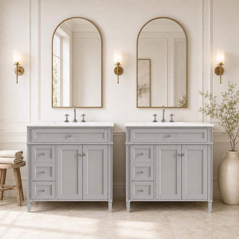May include: Two light gray bathroom vanities with white countertops, each featuring three drawers and two cabinet doors with silver knobs. Above each vanity is an arched mirror with a gold frame and a wall-mounted gold light fixture.