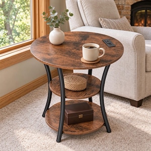 May include: A round side table with a dark wood grain finish and black metal legs. It features three circular tiers, a built-in power outlet on the top surface, a white ceramic vase with greenery, a white mug, a woven basket, and a brown box.