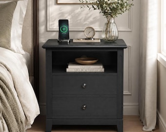 Solid Wood Frame Nightstand, Bedside Table with Drawers and Open Shelf, Wood End Table, Bedroom Storage Cabinet
