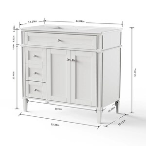 May include: A white bathroom vanity featuring a rectangular countertop with a sink, one top drawer, three side drawers, and two cabinet doors with silver knobs. Dimensions are labeled as 34.04in wide, 32.07in high, 16.21in deep, and 33.38in base width.