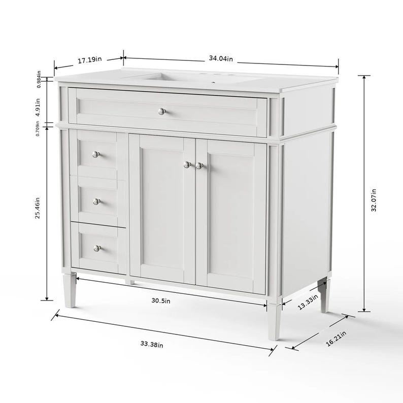 May include: A white bathroom vanity featuring a rectangular countertop with a sink, one top drawer, three side drawers, and two cabinet doors with silver knobs. Dimensions are labeled as 34.04in wide, 32.07in high, 16.21in deep, and 33.38in base width.