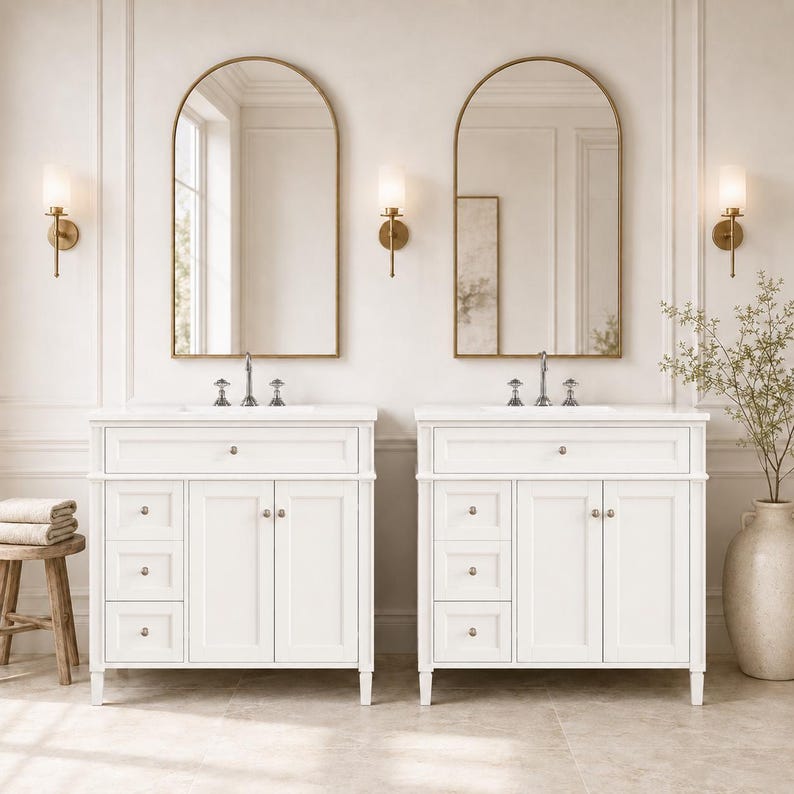 May include: Two white bathroom vanities with three drawers and two cabinet doors each, featuring silver hardware and white countertops. Above each vanity is an arched mirror with a gold frame and a wall-mounted light fixture with a glass shade.