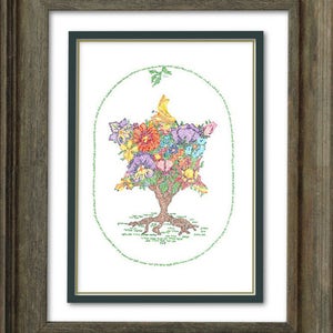 May include: A framed print of a colorful tree of life with flowers and leaves. The tree is surrounded by a circle of Hebrew text.