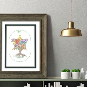 May include: A framed print of a colorful tree with flowers and a bird. The tree is shaped like a star of David. The print is surrounded by a dark wood frame.