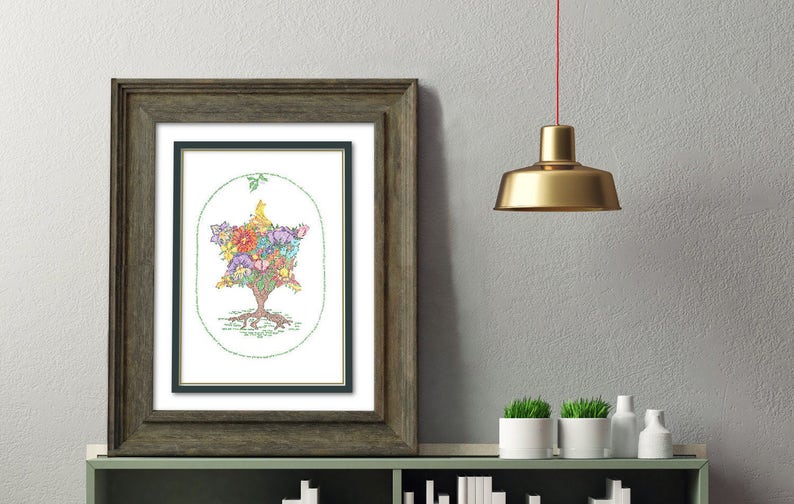 May include: A framed print of a colorful tree with flowers and a bird. The tree is shaped like a star of David. The print is surrounded by a dark wood frame.