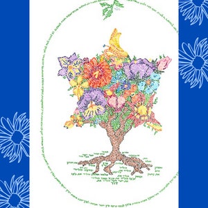 May include: A colorful Tree of Life art print featuring the Book of Ruth text in Hebrew. The print is a giclee print and is available on Etsy Israel.
