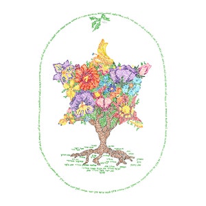 May include: A colorful floral tree with a circle of Hebrew text around it. The tree is made of flowers and the roots are made of names. The text reads "May you be blessed with a long life, good health, and happiness."