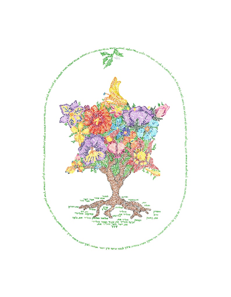 May include: A colorful floral tree with a circle of Hebrew text around it. The tree is made of flowers and the roots are made of names. The text reads "May you be blessed with a long life, good health, and happiness."