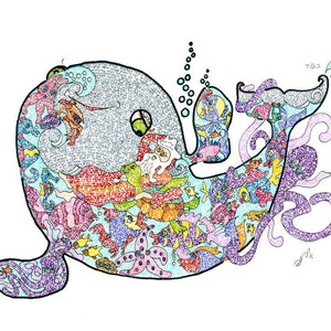 May include: A colorful illustration of a whale with a purple octopus tail. The whale is filled with various sea creatures, including fish, starfish, and seahorses. The text "T82" is written in the upper right corner of the image.