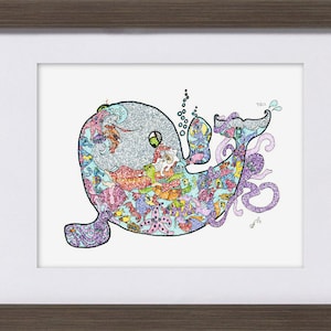 May include: A colorful illustration of a whale with a variety of sea creatures inside its body. The whale is outlined in black and has a light blue body. The sea creatures are in shades of pink, purple, orange, yellow, and green. The whale is blowing a bubble and there is text in Hebrew at the top of the image.