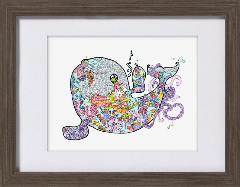May include: A colorful illustration of a whale with a variety of sea creatures inside its body. The whale is outlined in black and has a light blue body. The sea creatures are in shades of pink, purple, orange, yellow, and green. The whale is blowing a bubble and there is text in Hebrew at the top of the image.