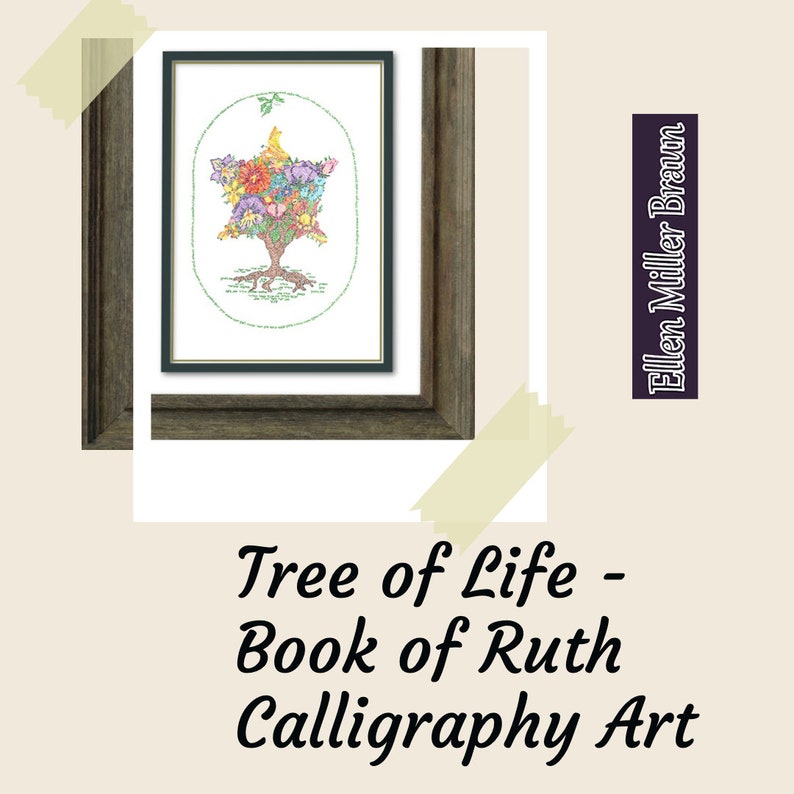 May include: Framed calligraphy art print featuring a tree of life with colorful flowers and leaves. The tree is surrounded by the text from the Book of Ruth. The artist's name, Ellen Miller Braun, is printed in the upper right corner.