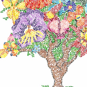 May include: A colorful tree made of Hebrew letters, with a brown trunk and branches, and a crown of flowers in shades of purple, pink, yellow, orange, and green.