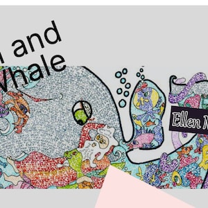 May include: A colorful illustration of Jonah and the Whale, with the whale's body filled with tiny drawings of sea creatures. The text "Jonah and the Whale" is written in black at the top of the image. The artist's name, "Ellen Miller Braun", is written in black at the bottom right of the image.
