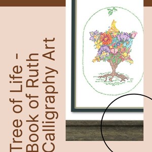 May include: A framed artwork featuring a colorful tree of life design with a star shape and a bird at the top. The tree is surrounded by a circle of Hebrew text. The artwork is titled "Tree of Life - Book of Ruth Calligraphy Art" and signed by Ellen Miller Braun.