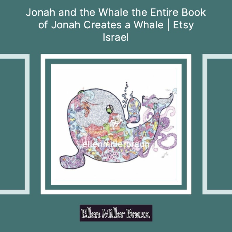 May include: A colorful illustration of a whale with intricate details, including a variety of patterns and textures. The whale is swimming in the ocean, with bubbles coming out of its blowhole. The text "ellenmillerbraun" is visible in the lower left corner of the image.