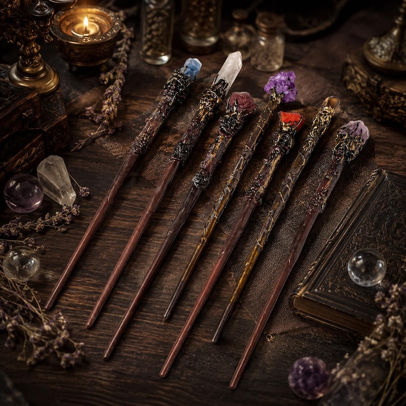 May include: A collection of six handcrafted wands featuring dark, textured wooden shafts and ornate metallic accents at the handles. Each wand is topped with a unique raw crystal point, including blue, clear, pink, purple, red, and light purple stones.