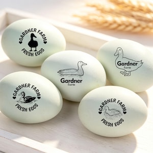 Puede incluir: Cinco huevos de color azul verdoso pálido, cada uno estampado con diseños en tinta negra. Los sellos presentan ilustraciones de patos y el texto Gardner Farm o Gardner Farm Fresh Eggs, dispuestos en patrones circulares o lineales sobre las cáscaras lisas.