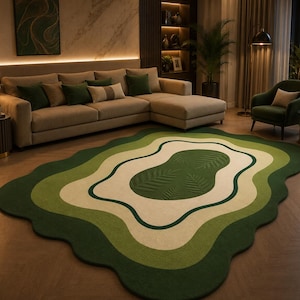 Green Abstract Wave Rug, Organic Modern Area Rug, Botanical Leaf Tufted Design