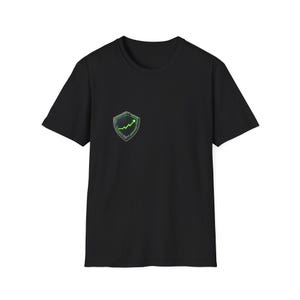 May include: A black short-sleeve t-shirt featuring a small graphic on the left chest. The graphic is a dark grey shield shape containing a bright green line graph that trends upward, ending in a small green dot at the top right corner.