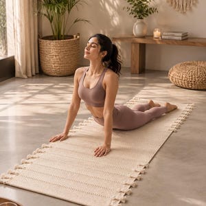 May include: A rectangular, off-white woven yoga mat featuring decorative fringe along both long edges. The mat is textured with a series of horizontal ribbed lines running across its surface, providing a distinct tactile pattern.
