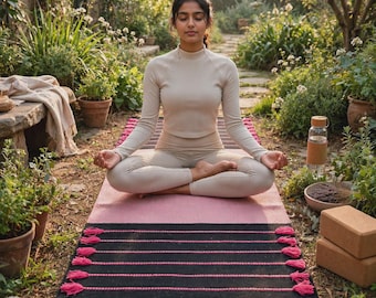 Op de afbeelding: Een rechthoekige yogamat met een tweekleurig ontwerp, bestaande uit een effen lichtroze bovengedeelte en een zwart ondergedeelte met horizontale roze strepen en decoratieve roze kwastjes langs de zijkanten.