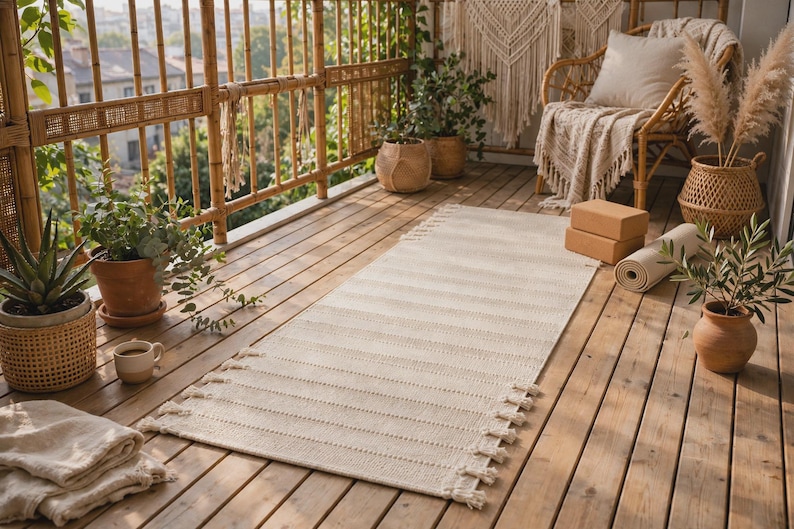 May include: A rectangular off-white woven runner rug featuring a textured striped pattern and fringed edges on both ends. The rug is positioned on a wooden deck floor, surrounded by potted plants, a rolled yoga mat, and two stacked yoga blocks.