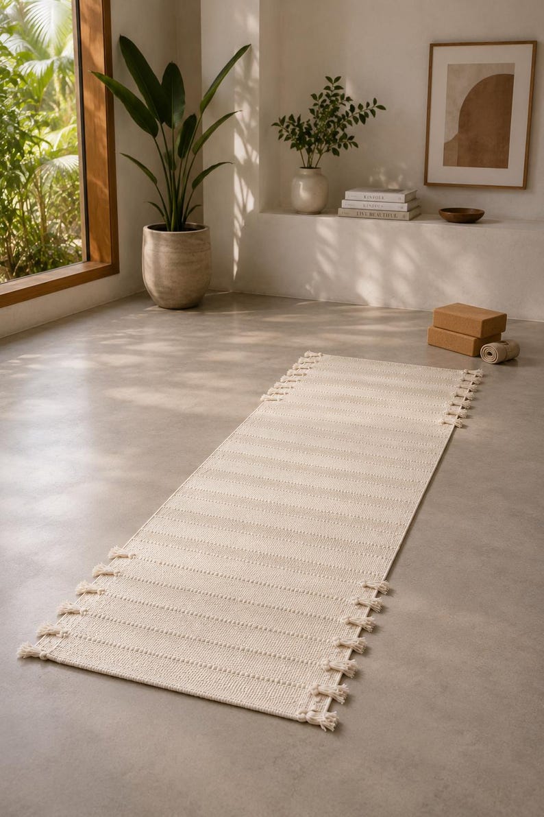 May include: A rectangular off-white woven runner rug featuring a textured striped pattern and decorative knotted fringe tassels along both of the shorter ends. The rug is constructed with a dense, uniform weave and a neutral, light beige color.