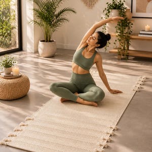 May include: A rectangular off-white woven yoga mat featuring a textured surface with horizontal ribbed patterns and decorative fringe tassels along both long edges, providing a stable base for exercise and stretching routines.
